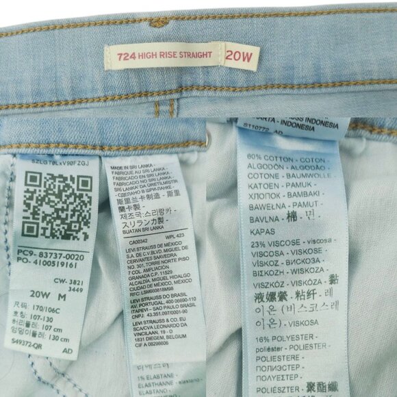 Levis 724 High Rise Straight Jeans Womens Size 20W Frayed Hem Light Wash Denim - Picture 8 of 15